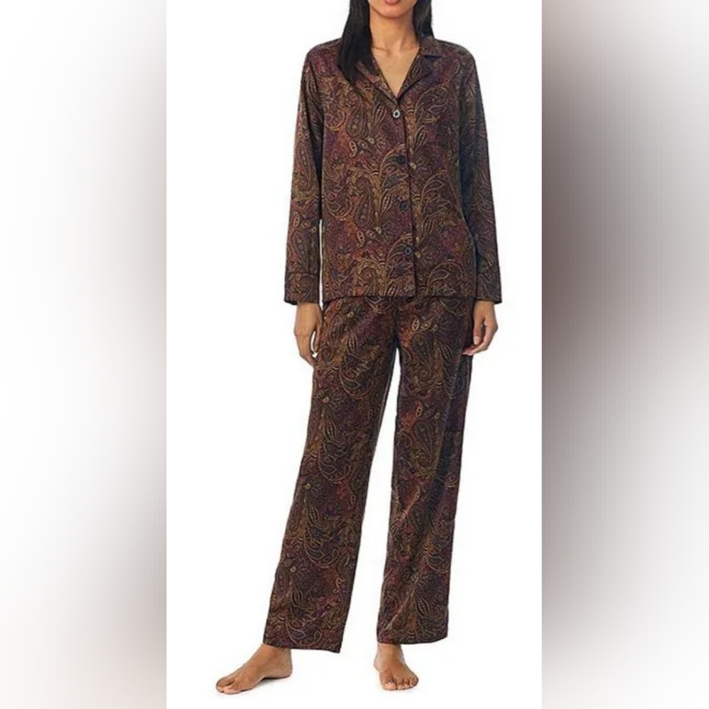 Paisley Print Satin Long Sleeve Notch Collar Long Pant Holiday Pajama Set